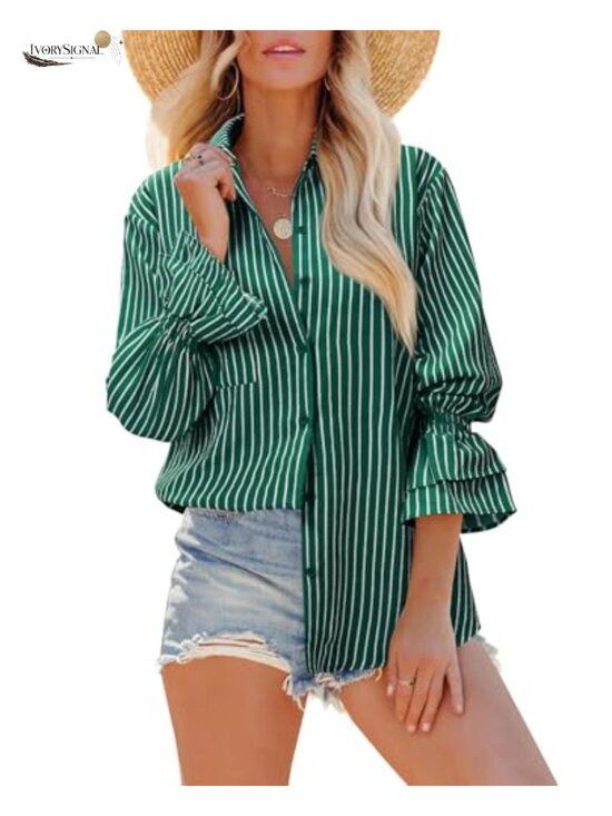 Tops - Oversized Striped Button Down Shirt with Ruffle Sleeves